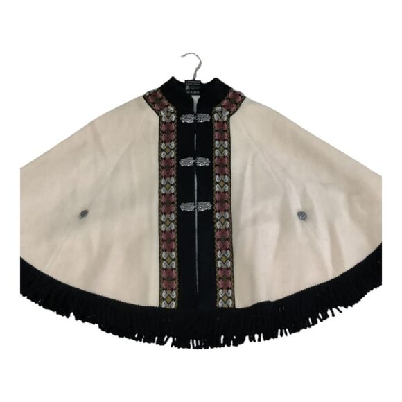 Vintage Fjord Norway AS Evebososs Wool Elegant Cream Black Cape Fringe Sz 38/SM - Picture 2 of 9